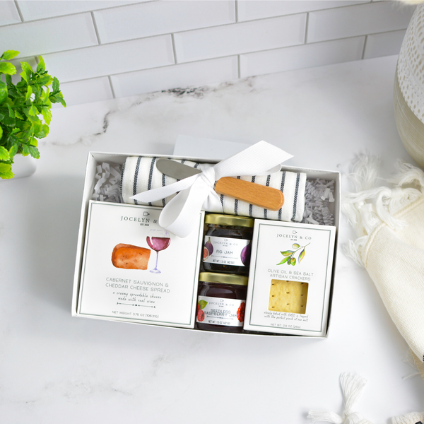 Jocelyn & Co. Cabernet Afternoon Snack Gift Box with Cabernet cheddar spread, berry jam, and crackers in luxe packaging