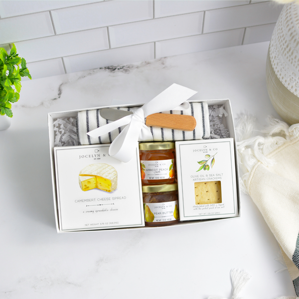 Jocelyn & Co. Camembert Afternoon Snack Gift Box with cheese spread, crackers, and accompaniments in luxe packaging