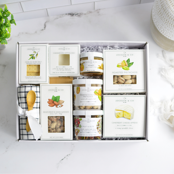 Jocelyn & Co. The Signature Grazing Board gift set with charcuterie, cheese, crackers, and accompaniments in luxe packaging