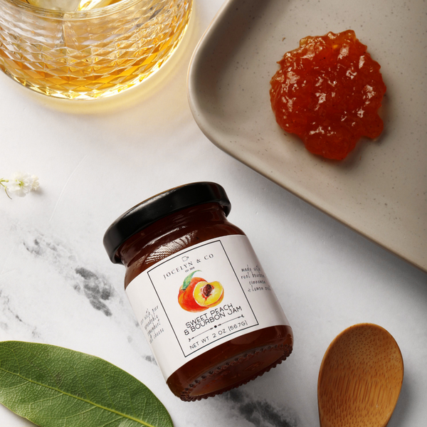 Jocelyn & Co. peach and bourbon artisan jam in signature packaging