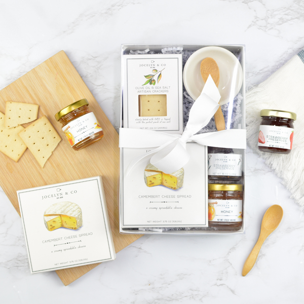 Jocelyn & Co. Mini Charcuterie with Board gift set — artisan cheese, crackers, and accompaniments with a serving board