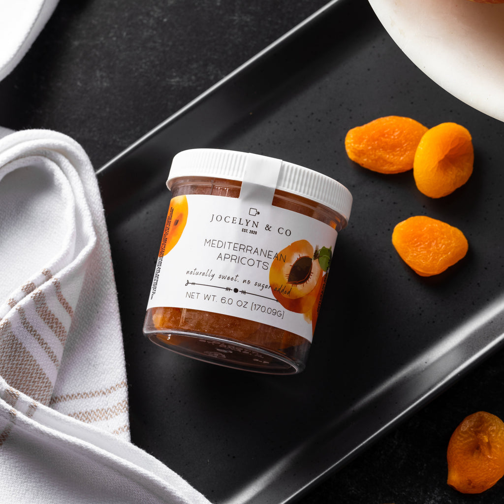 Jocelyn & Co. Mediterranean apricots in clear glass jar with minimalist label