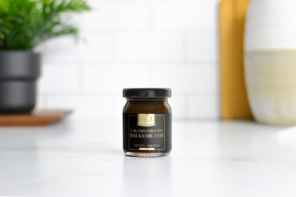 Jocelyn & Co. Black & Gold Caramelized Onion & Balsamic Jam jar in luxury packaging