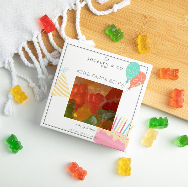 Jocelyn & Co. Birthday Gummi Bears in colorful signature gift box packaging