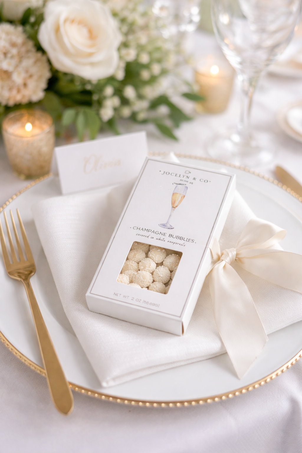 Jocelyn & Co. Champagne Bubble Gels displayed as a wedding favor or celebration gift