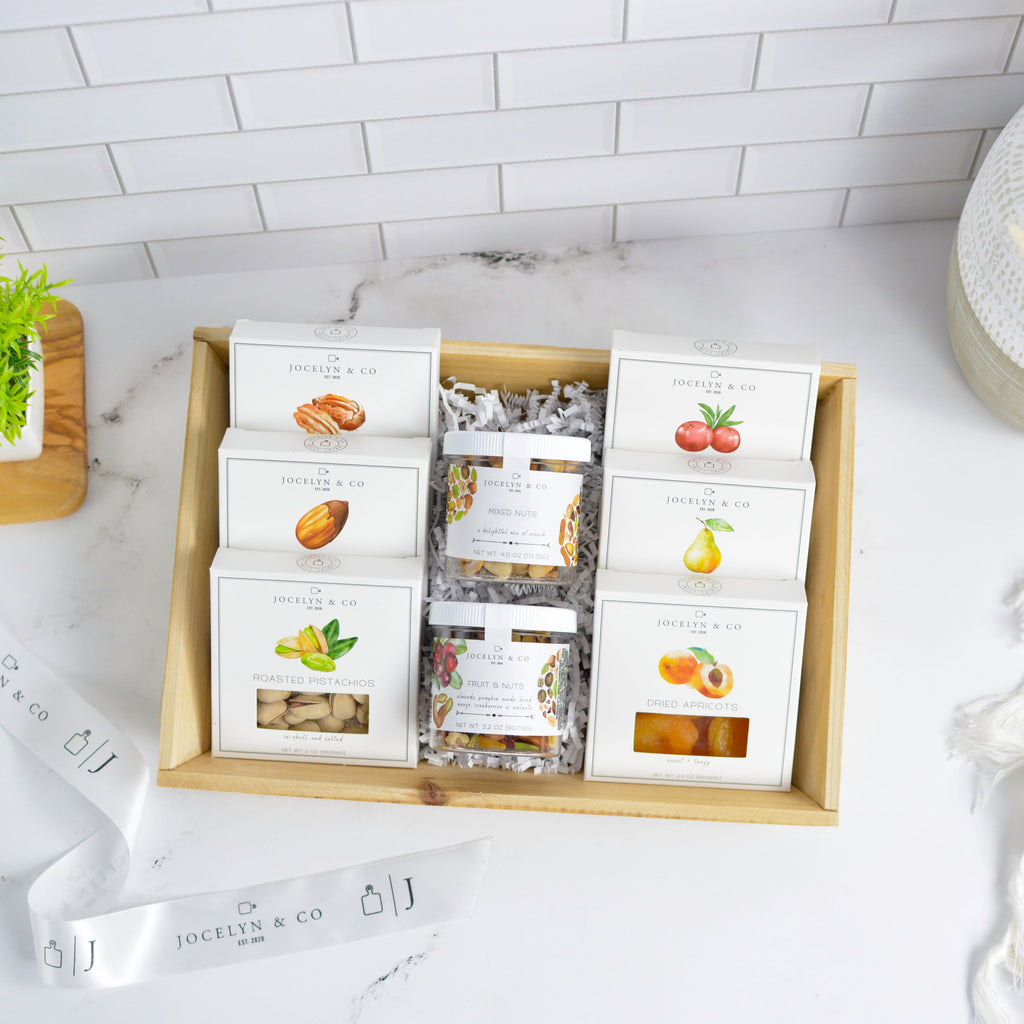 Jocelyn & Co. The Farmer's Market gift box — generous assortment of premium nuts and dried fruits in luxe packaging