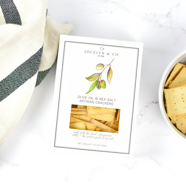 Jocelyn & Co. Olive Oil & Sea Salt Crackers in luxe signature box packaging