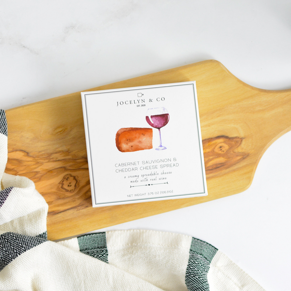 Jocelyn & Co. Cabernet Sauvignon Cheddar Cheese Spread in luxe signature box packaging