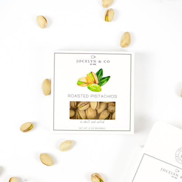 Jocelyn & Co. roasted pistachios in signature gift box packaging
