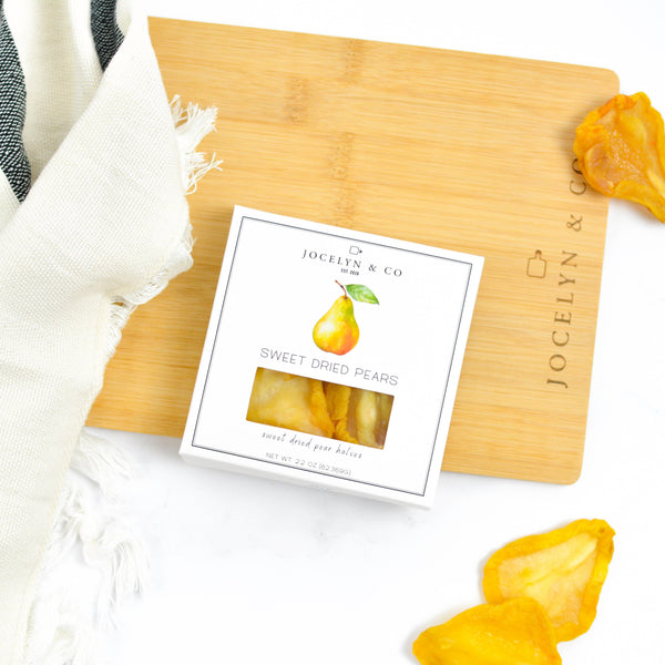 Jocelyn & Co. sweet dried pears in signature gift box packaging